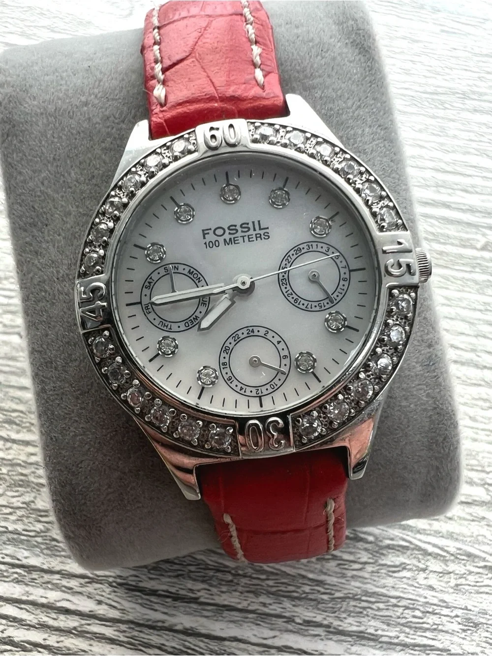 Fossil Women's Crystal Accent Watch - Red Leather Strap